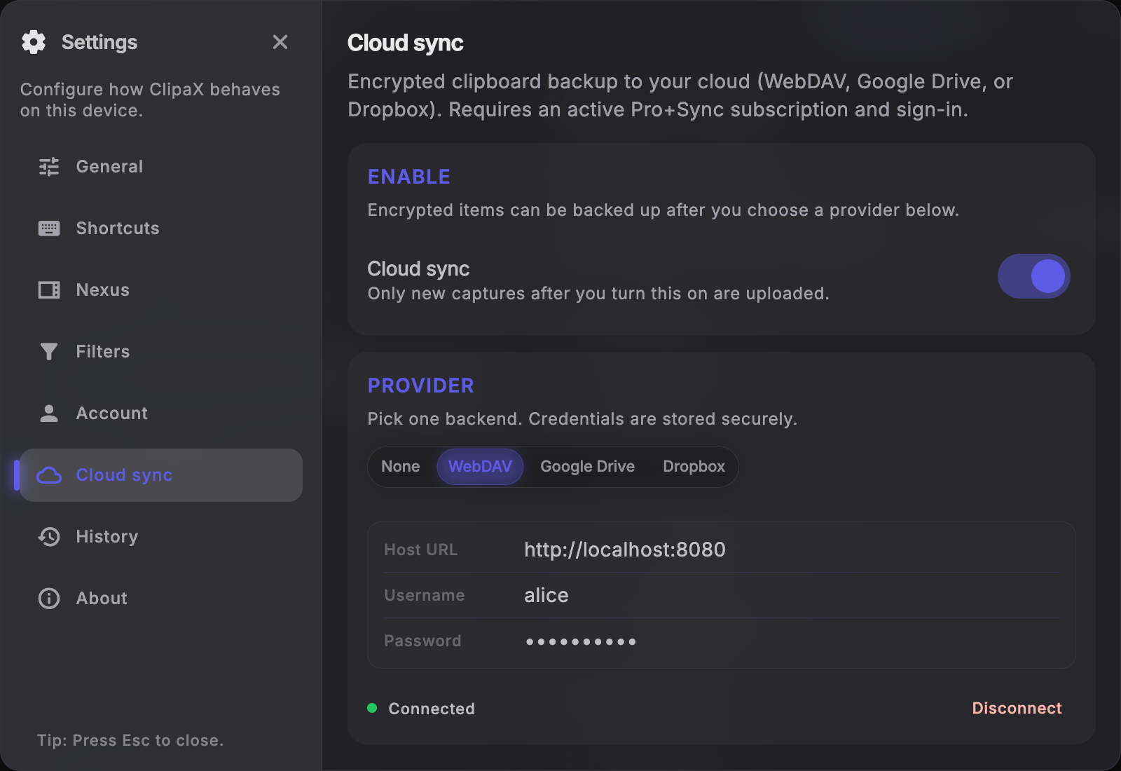 ClipaX Cloud Sync settings