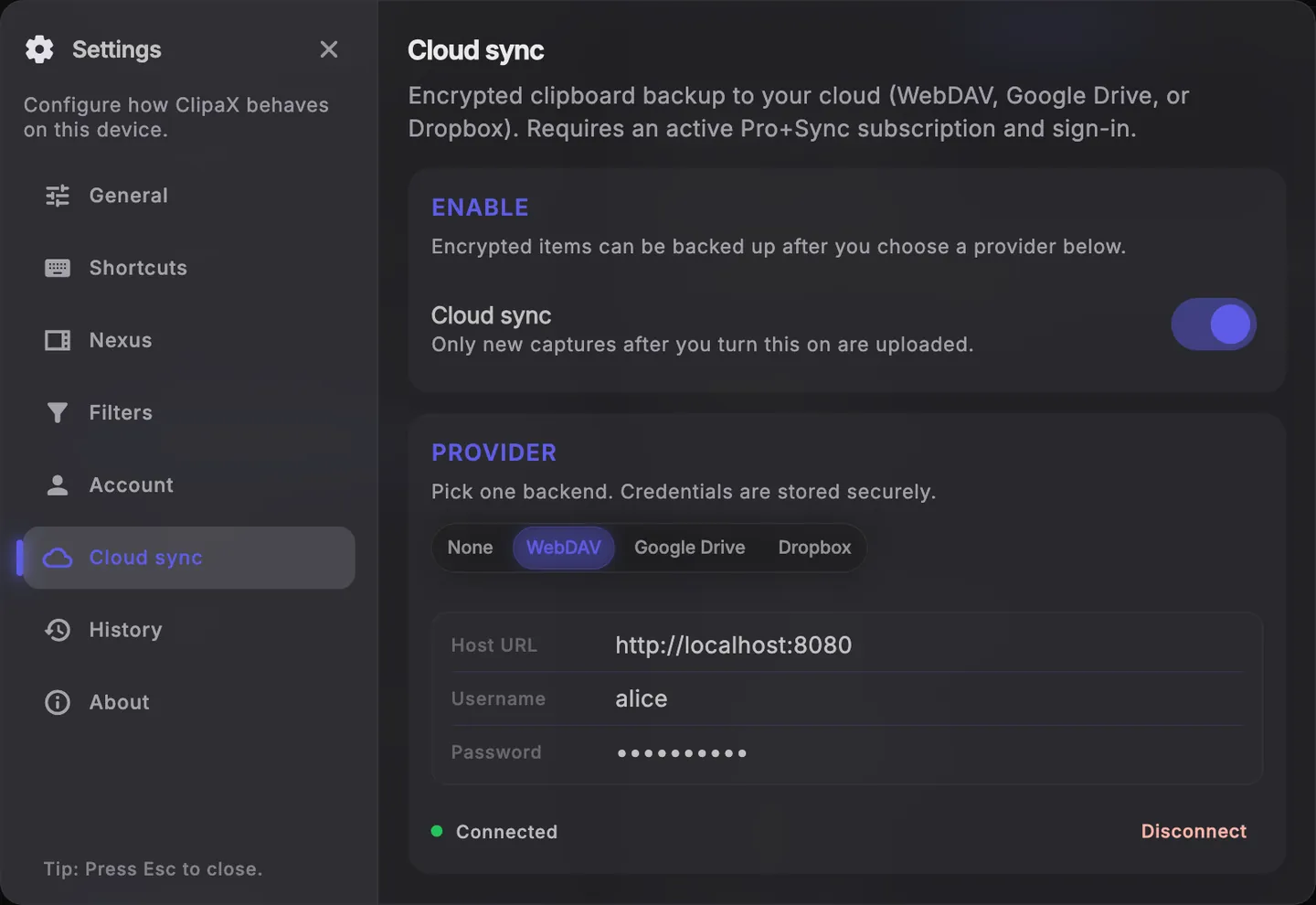 ClipaX Cloud Sync settings