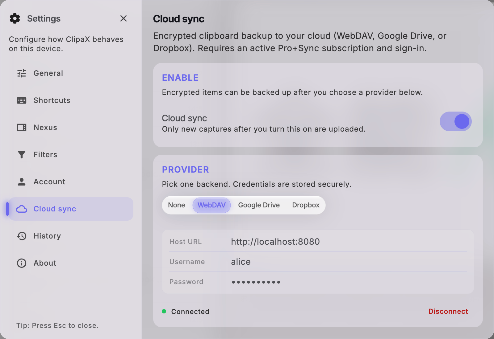 ClipaX Cloud Sync settings