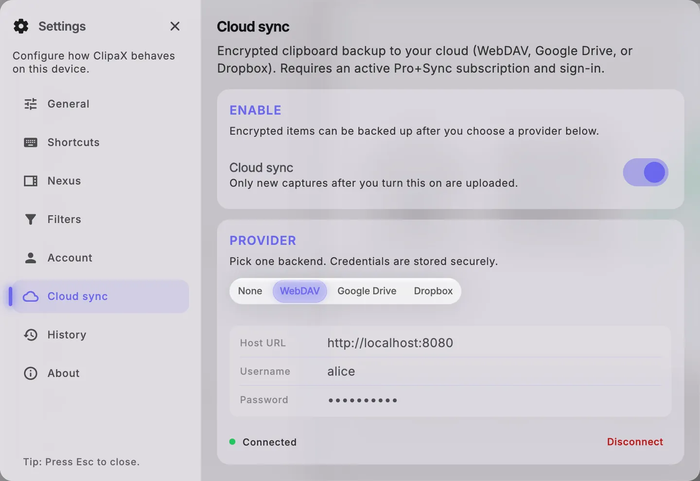 ClipaX Cloud Sync settings
